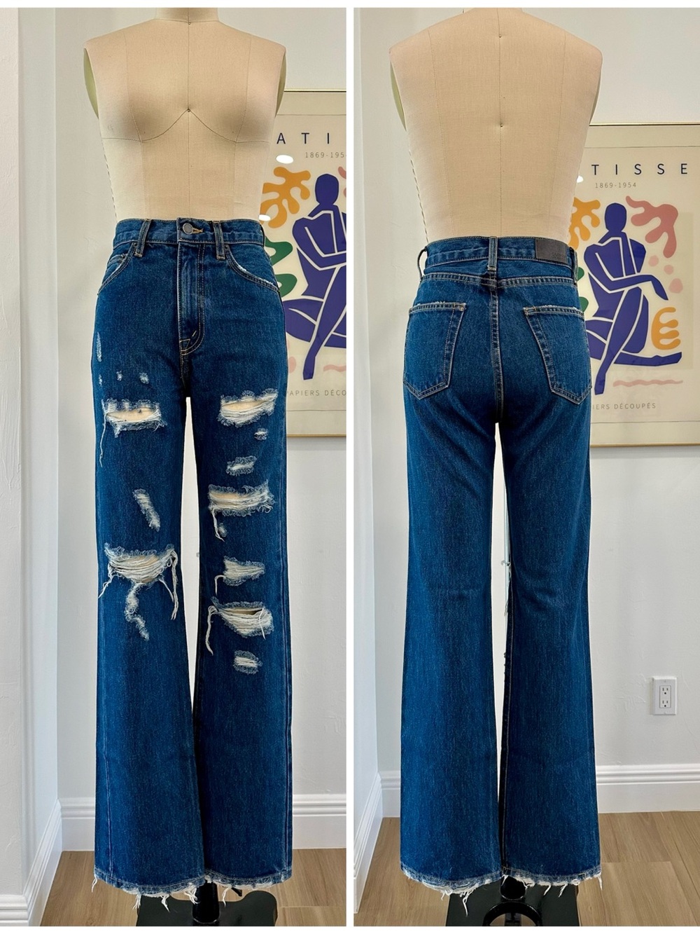 Carmar Dark Blue High-Rise Distressed Straight-Leg Jeans